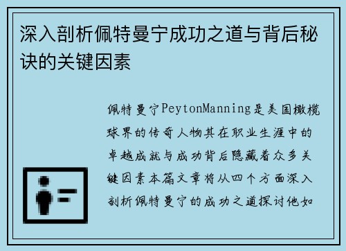 深入剖析佩特曼宁成功之道与背后秘诀的关键因素